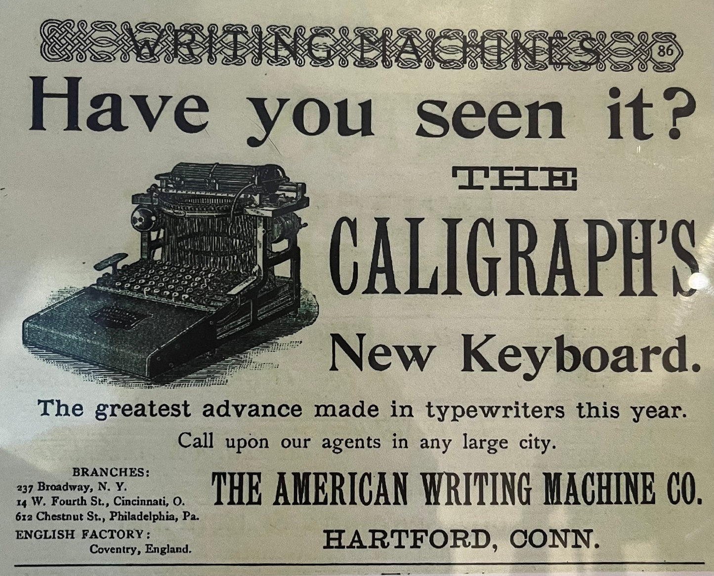 Machine à écrire Caligraph 2 par American Writing Machine Company, 1882.